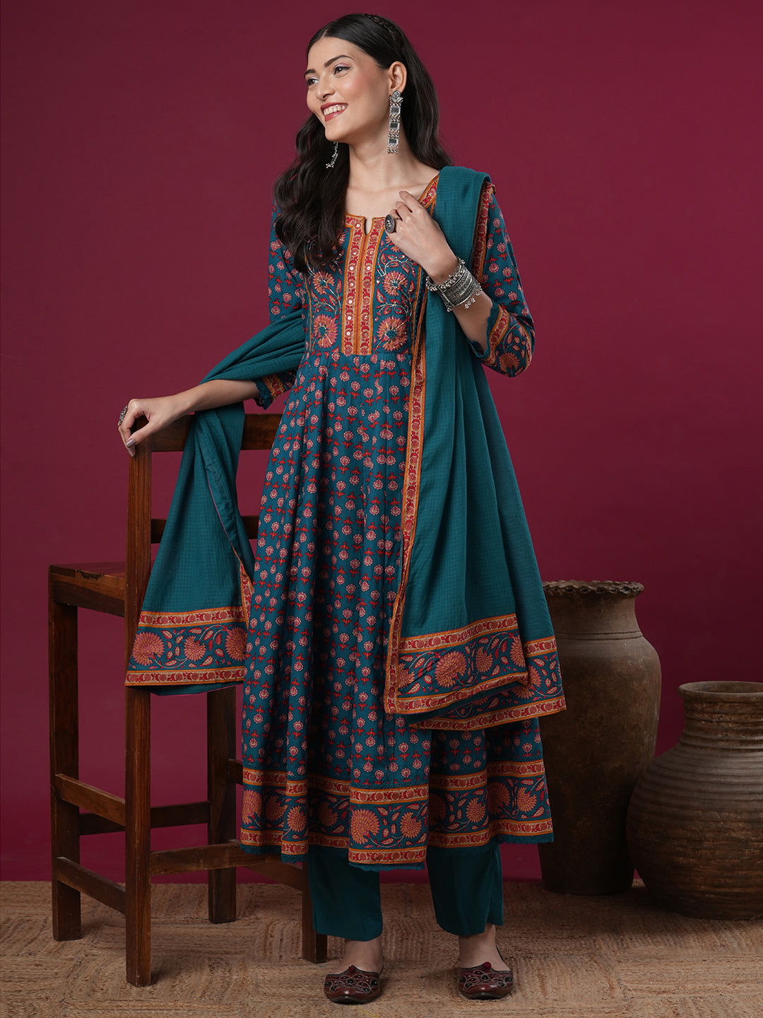 Floral Printed & Embroidered Anarkali Kurta with Pant & Dupatta - Teal Blue