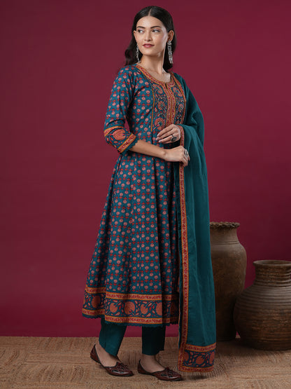 Floral Printed & Embroidered Anarkali Kurta with Pant & Dupatta - Teal Blue