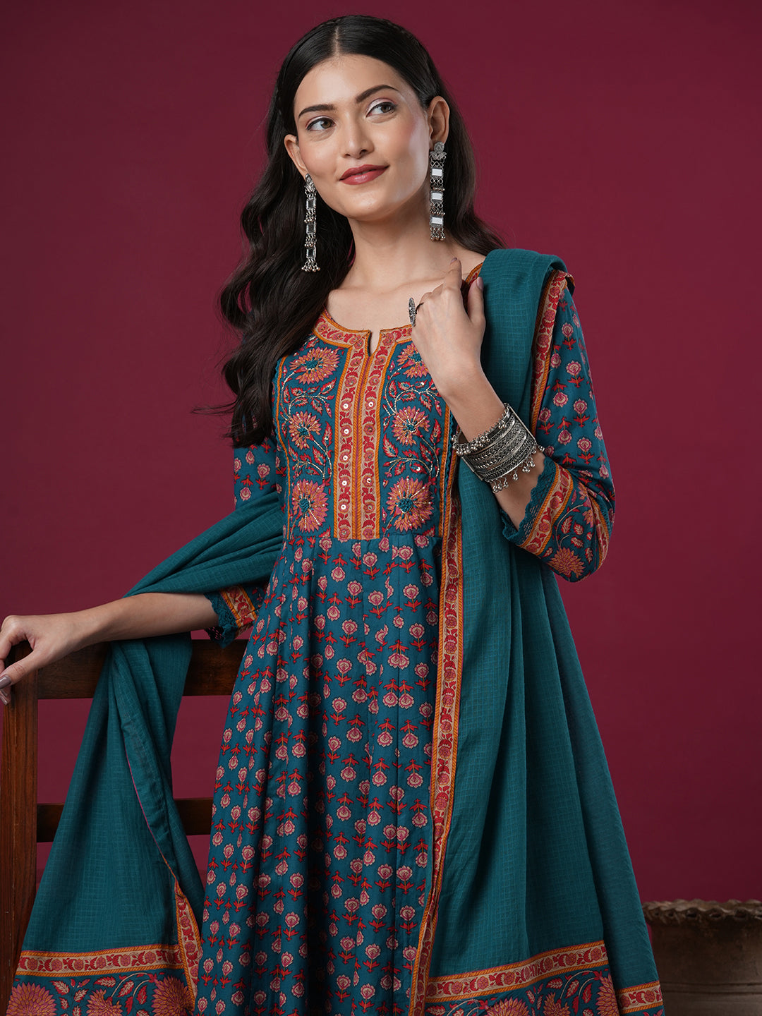 Floral Printed & Embroidered Anarkali Kurta with Pant & Dupatta - Teal Blue