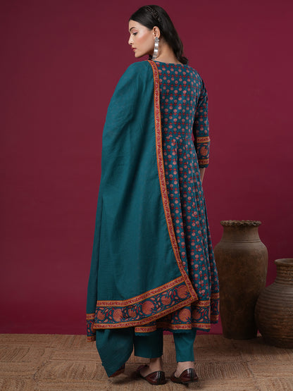 Floral Printed & Embroidered Anarkali Kurta with Pant & Dupatta - Teal Blue