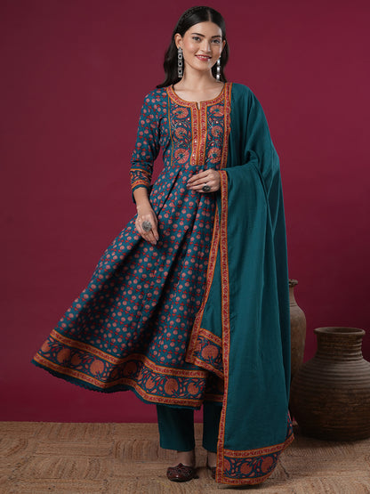 Floral Printed & Embroidered Anarkali Kurta with Pant & Dupatta - Teal Blue