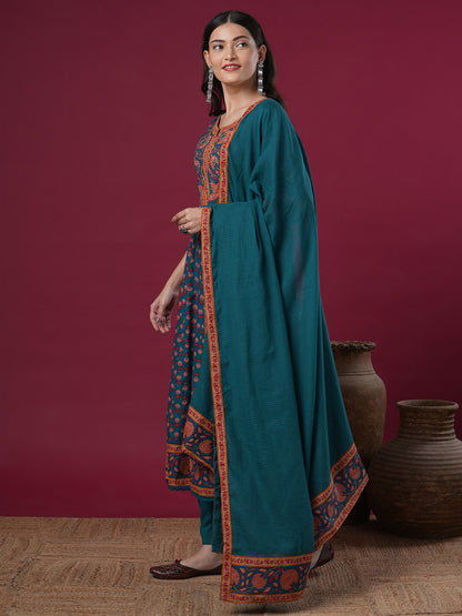 Floral Printed & Embroidered Anarkali Kurta with Pant & Dupatta - Teal Blue