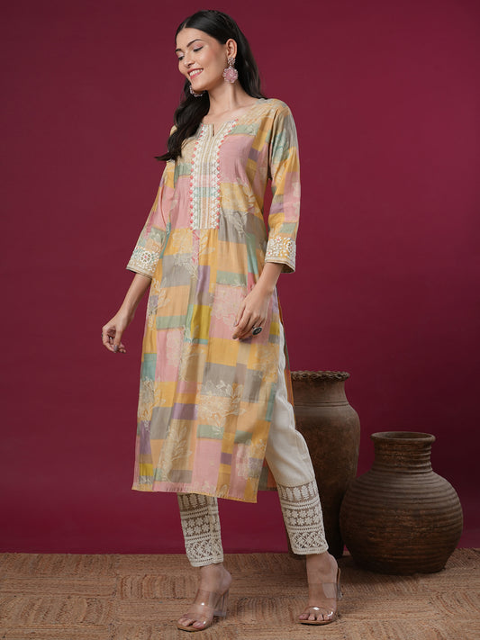 Ethnic Floral Printed & Embroidered Straight Fit Kurta - Multi
