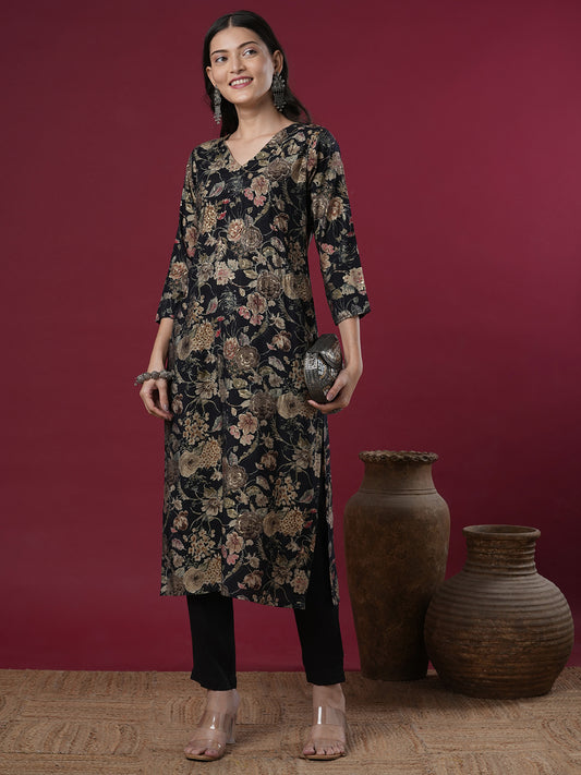 Abstract Floral Printed & Embroidered Straight Fit Kurta - Black