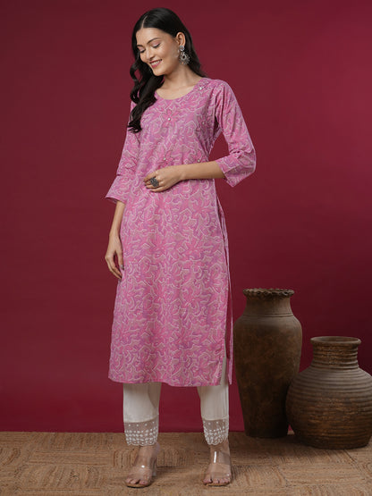 Abstract Floral Printed & Embroidered Straight Fit Kurta - Purple