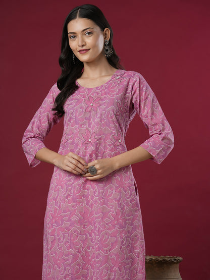 Abstract Floral Printed & Embroidered Straight Fit Kurta - Purple