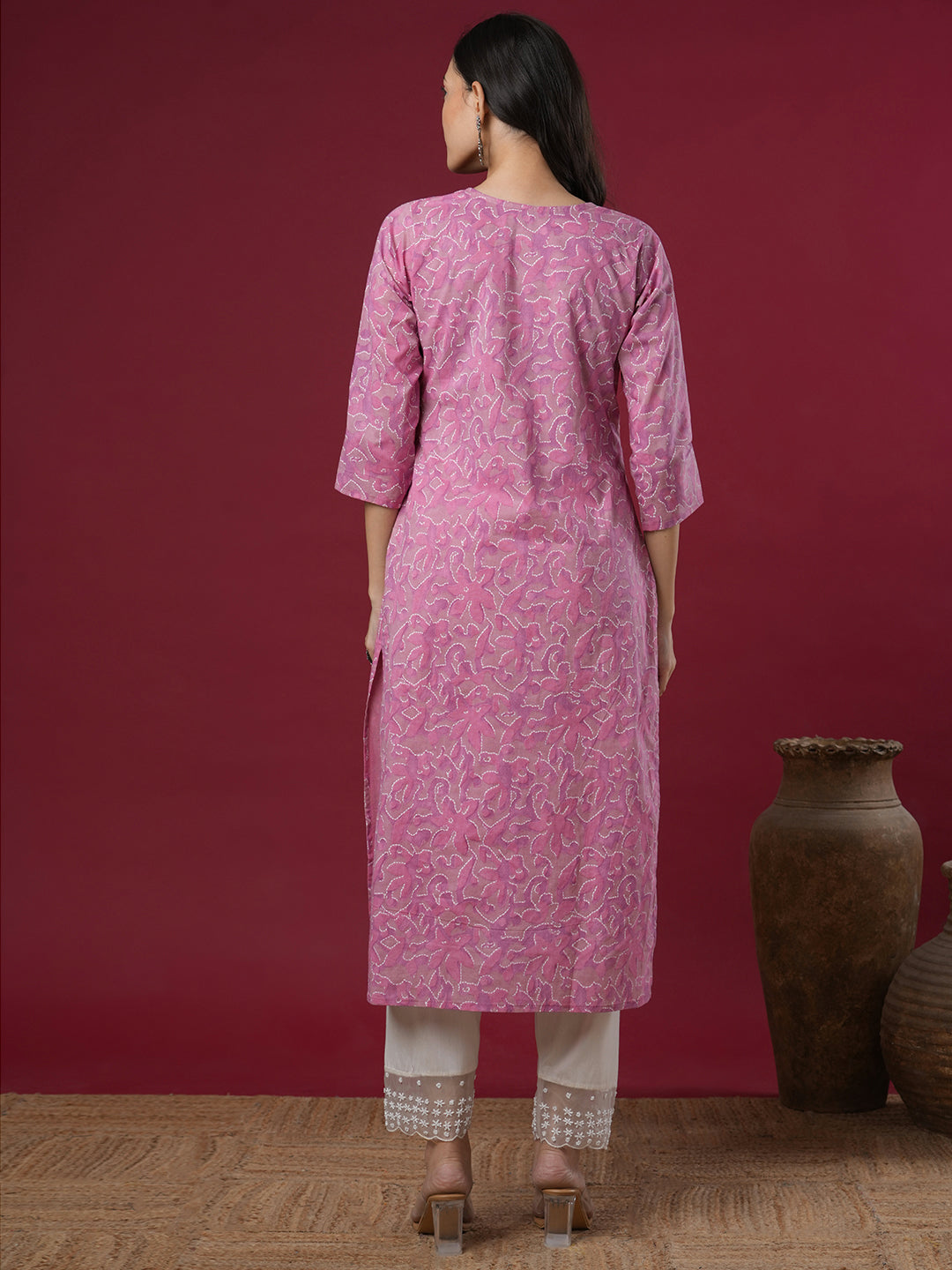 Abstract Floral Printed & Embroidered Straight Fit Kurta - Purple