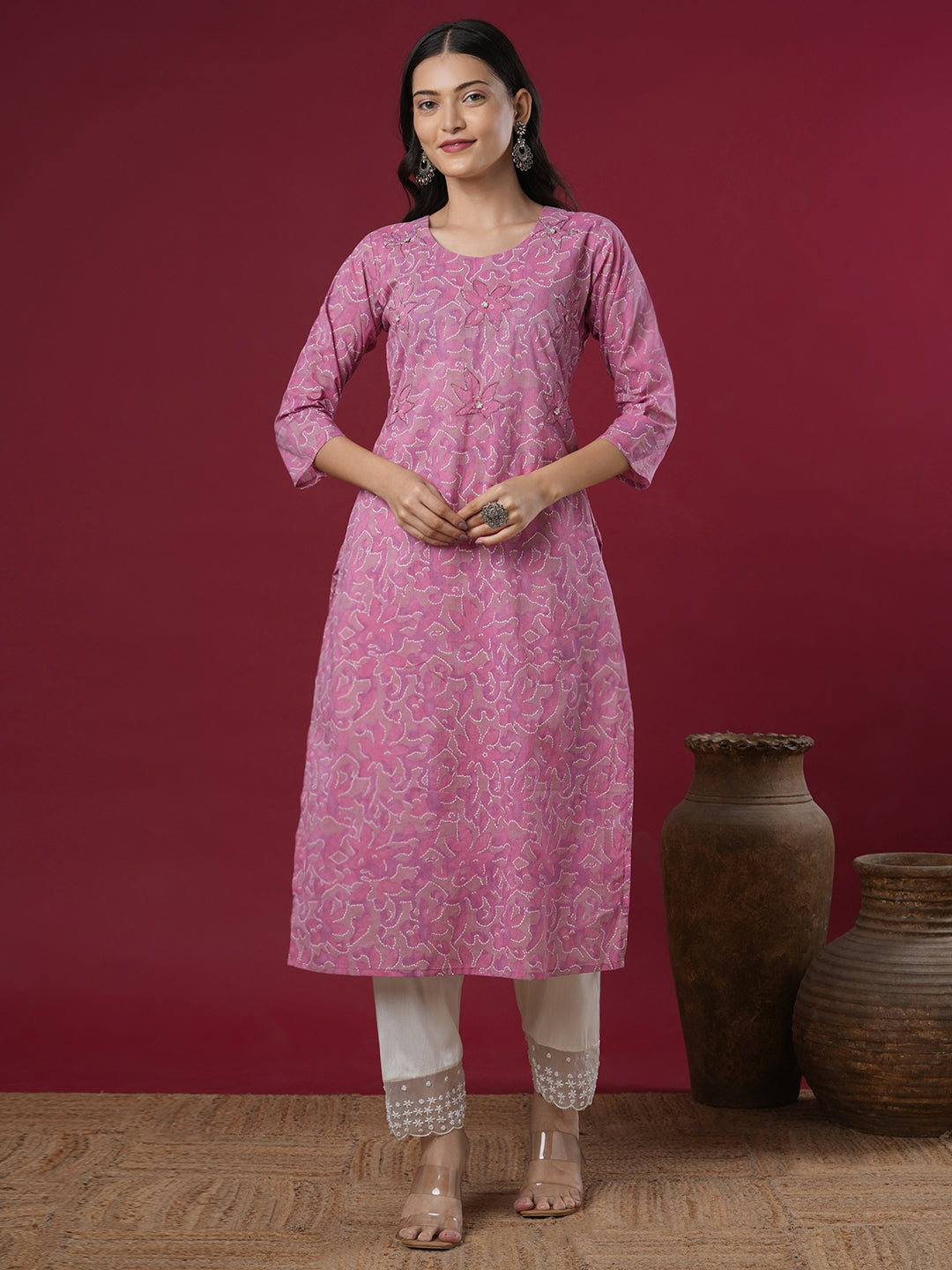 Abstract Floral Printed & Embroidered Straight Fit Kurta - Purple