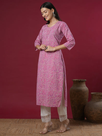 Abstract Floral Printed & Embroidered Straight Fit Kurta - Purple