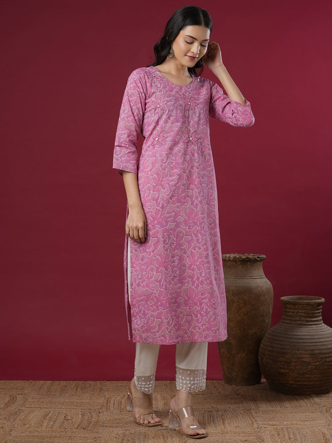 Abstract Floral Printed & Embroidered Straight Fit Kurta - Purple