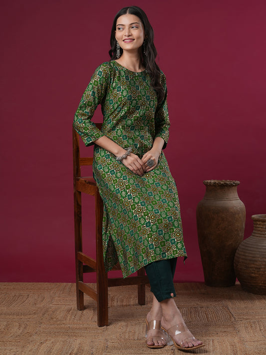 Floral Foil Printed & Embroidered Straight Fit Kurta - Green