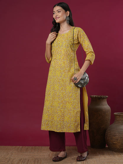 Abstract Floral Printed & Embroidered Straight Fit Kurta - Mustard