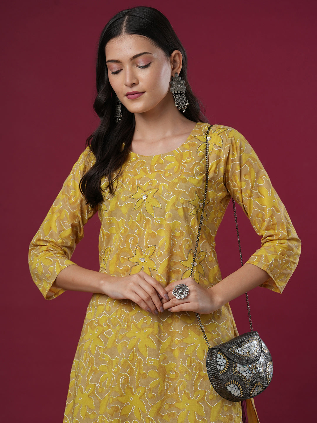 Abstract Floral Printed & Embroidered Straight Fit Kurta - Mustard