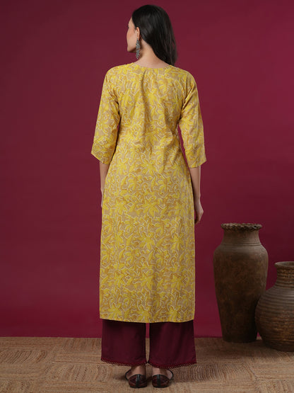 Abstract Floral Printed & Embroidered Straight Fit Kurta - Mustard