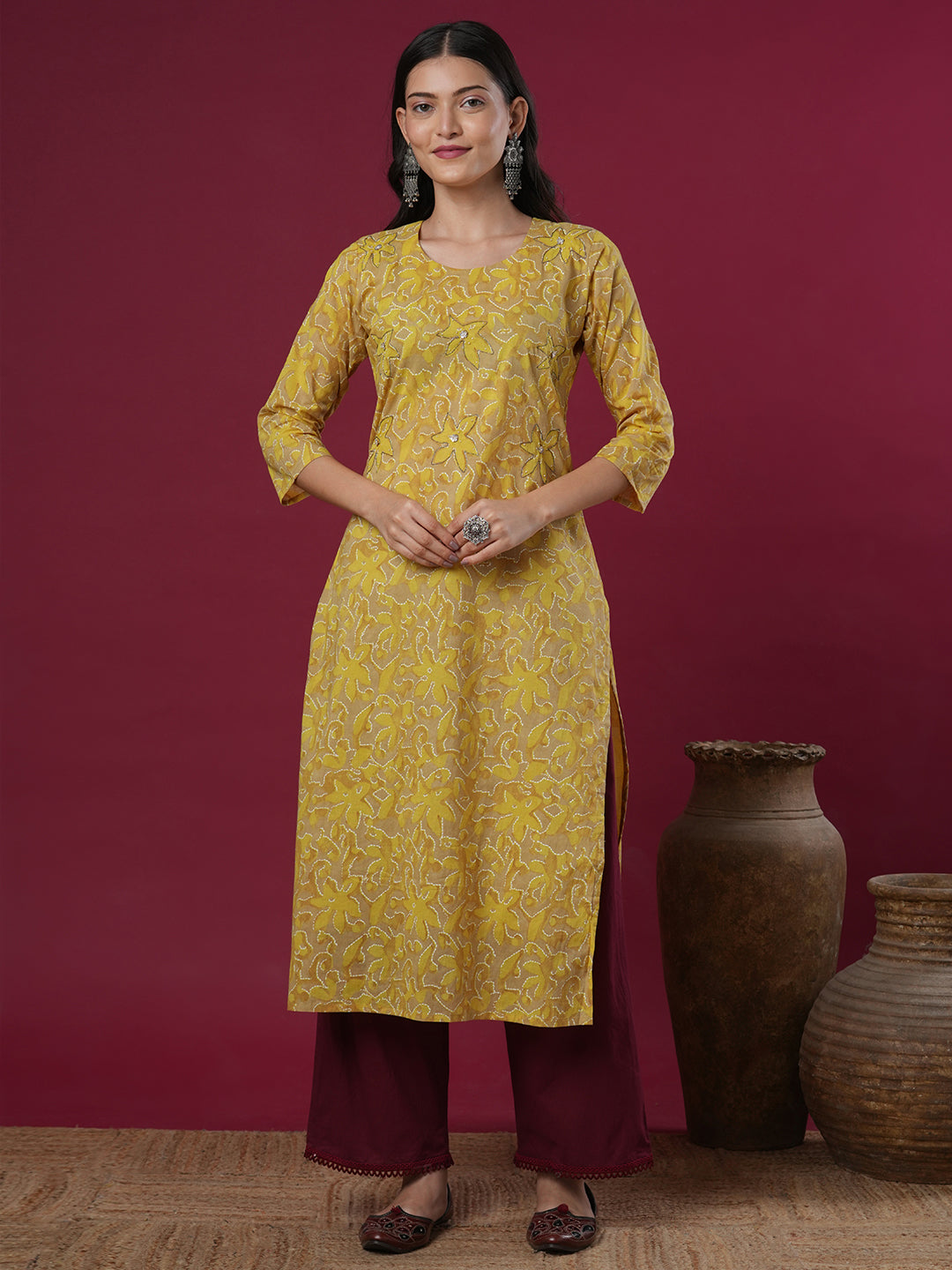 Abstract Floral Printed & Embroidered Straight Fit Kurta - Mustard