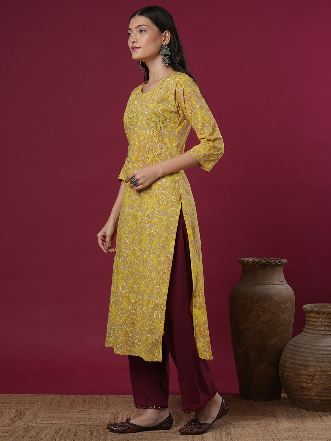 Abstract Floral Printed & Embroidered Straight Fit Kurta - Mustard