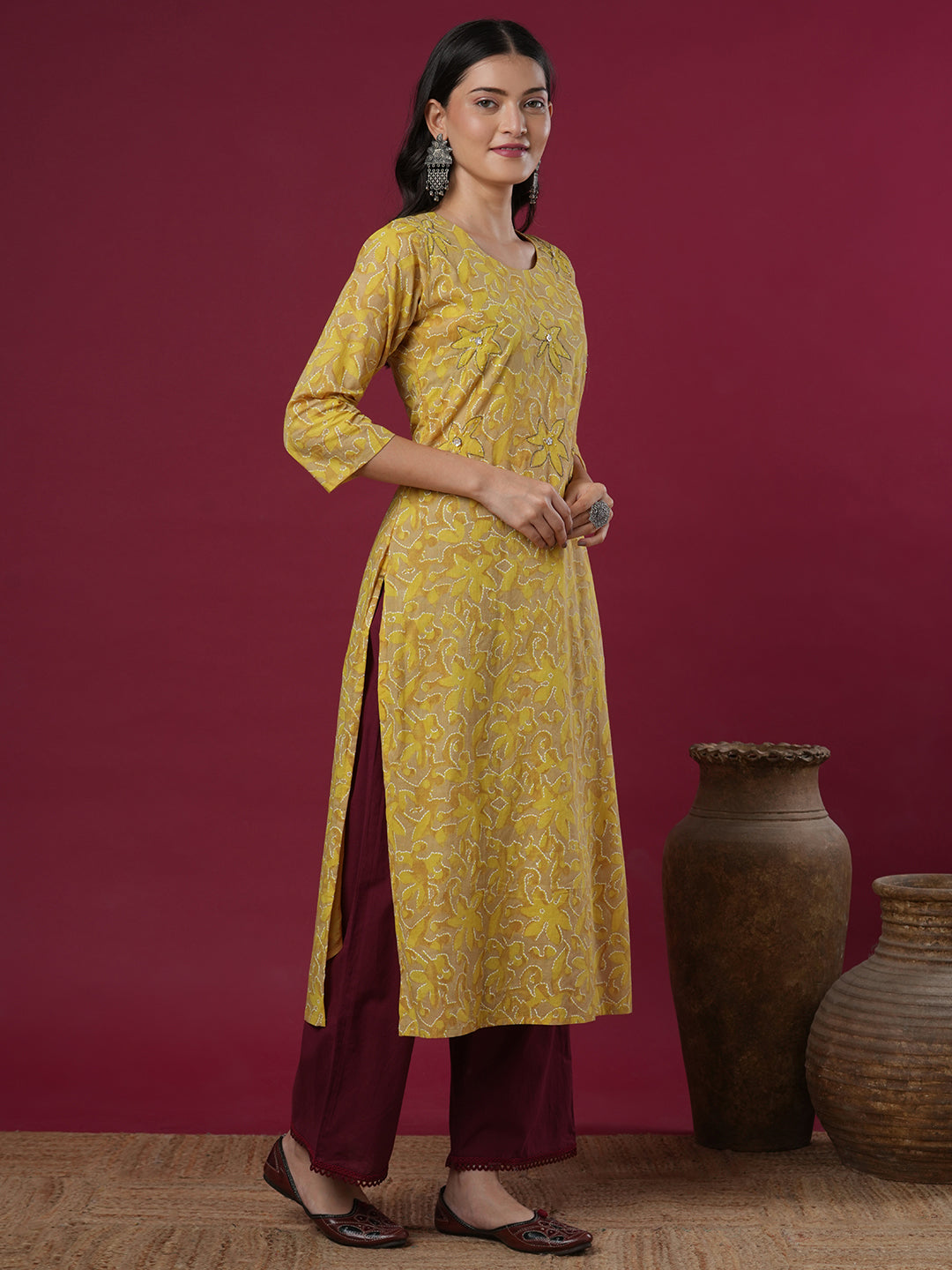 Abstract Floral Printed & Embroidered Straight Fit Kurta - Mustard