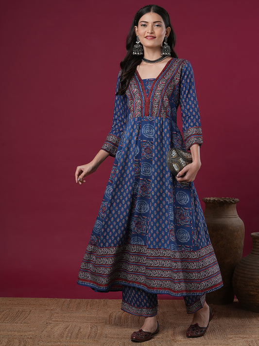 Ethnic Floral Printed A-Line Paneled Kurta with Palazzo - Blue