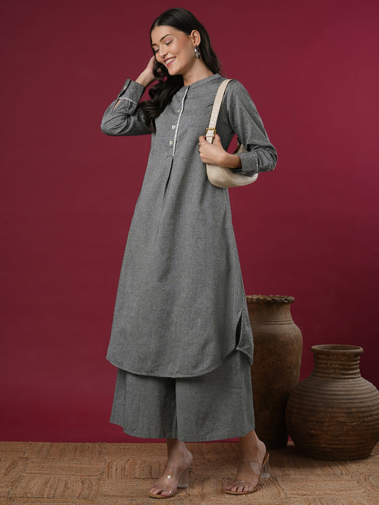 Solid A-Line Pleated Flared Co-ord Set - Grey