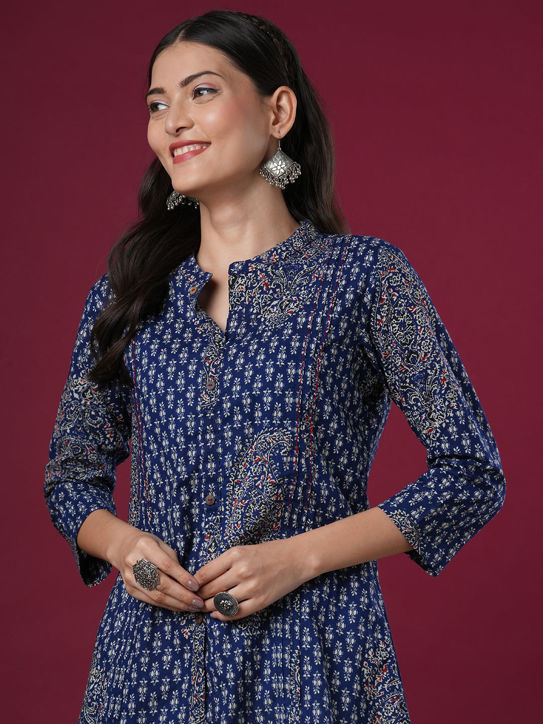 Ethnic Floral Printed A-Line Pin Tucked Short Kurti - Blue