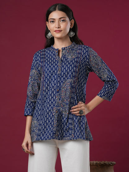 Ethnic Floral Printed A-Line Pin Tucked Short Kurti - Blue