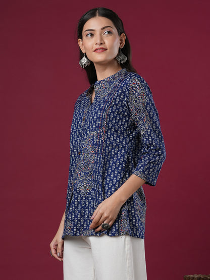 Ethnic Floral Printed A-Line Pin Tucked Short Kurti - Blue