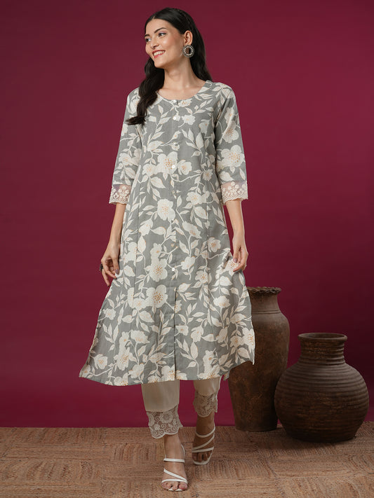 Abstract Floral Printed A-Line Paneled Kurta - Grey