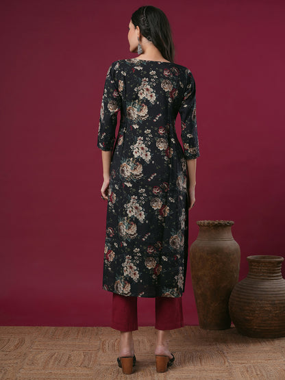 Floral Foil Printed & Embroidered Straight Fit Kurta - Black