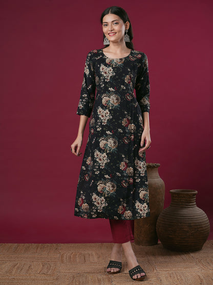 Floral Foil Printed & Embroidered Straight Fit Kurta - Black