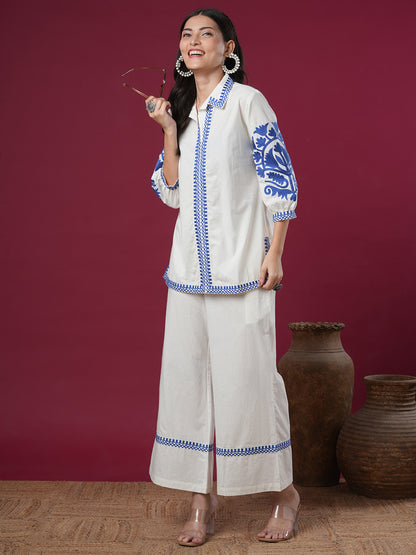 Solid Ethnic Floral Thread Embroidered Straight Fit Co-ord Set - White