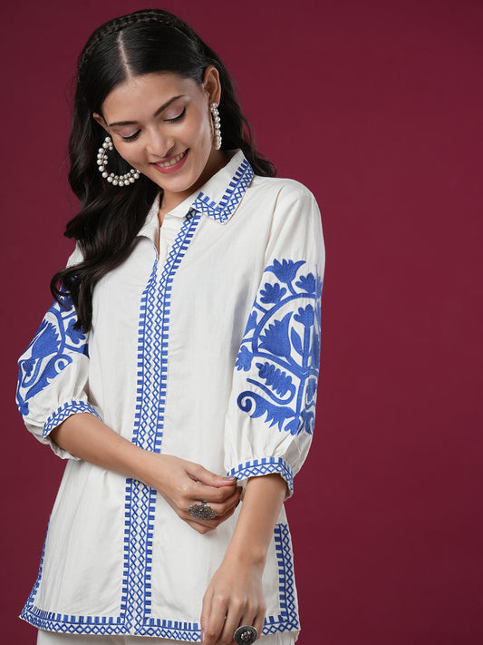 Solid Ethnic Floral Thread Embroidered Straight Fit Co-ord Set - White