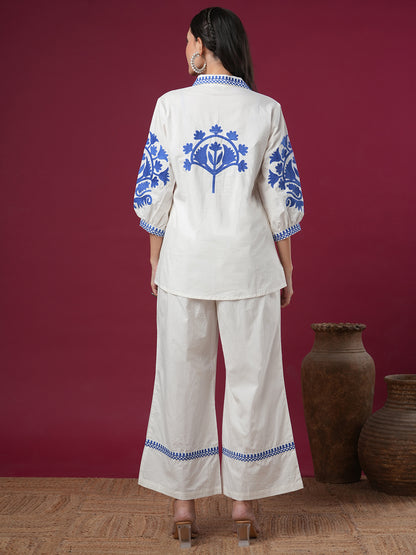 Solid Ethnic Floral Thread Embroidered Straight Fit Co-ord Set - White