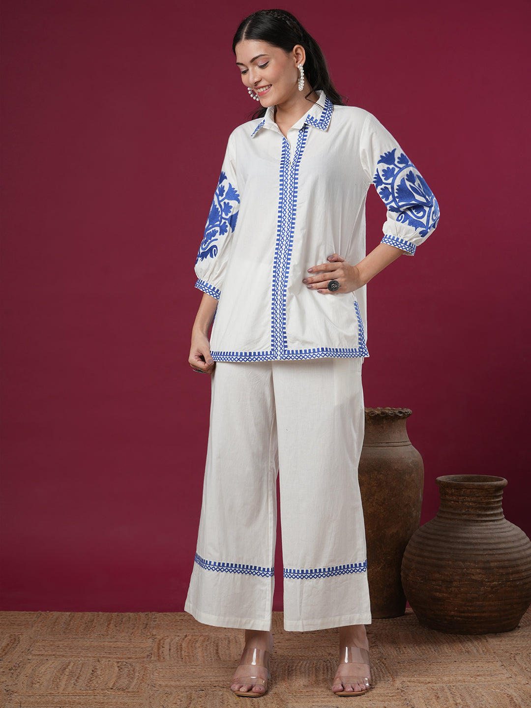 Solid Ethnic Floral Thread Embroidered Straight Fit Co-ord Set - White