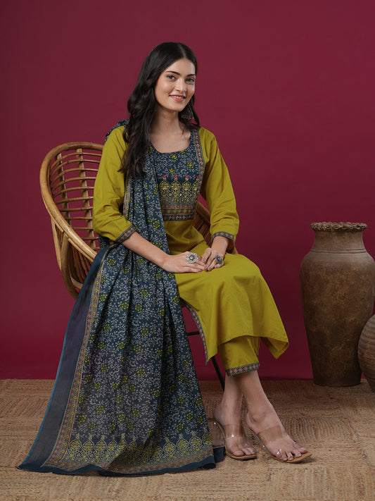 Solid Ethnic Embroidered Straight Kurta with Pant & Dupatta -Lime Green