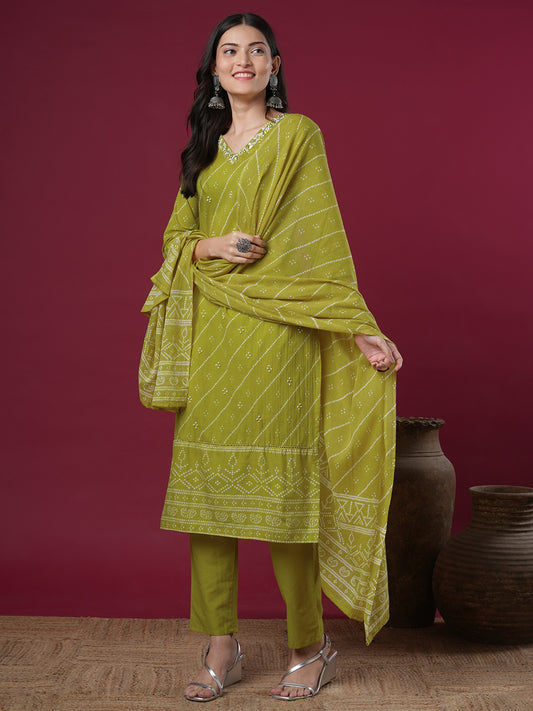 Floral Printed & Embroidered Straight Kurta with Pant & Dupatta - Lime Green