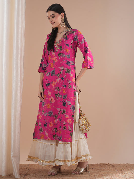 Floral Foil Printed & Hand Embroidered Straight Fit Kurta - Pink