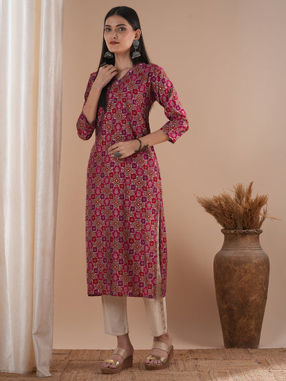 Floral Foil Printed & Embroidered Straight Fit Kurta - Pink