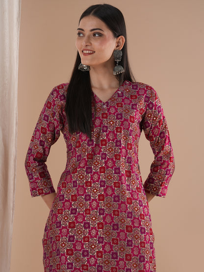 Floral Foil Printed & Embroidered Straight Fit Kurta - Pink