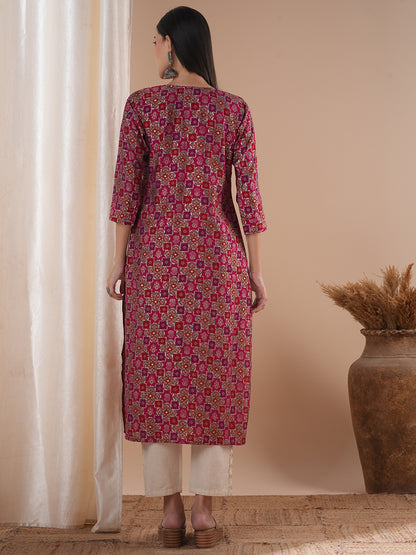 Floral Foil Printed & Embroidered Straight Fit Kurta - Pink