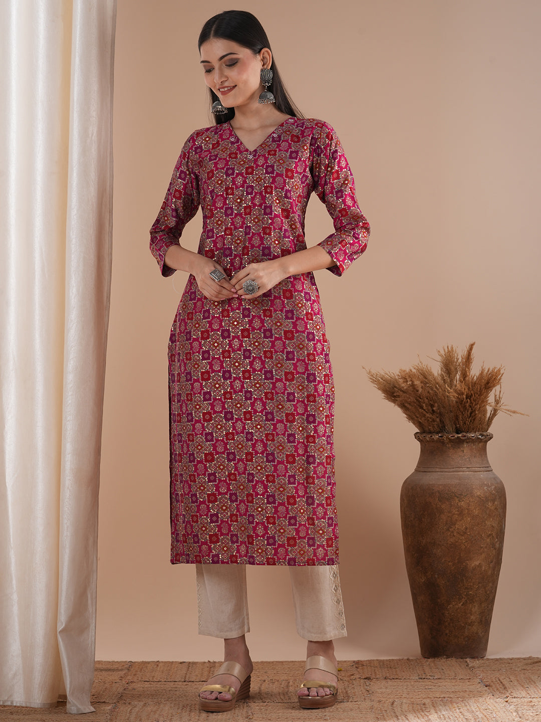 Floral Foil Printed & Embroidered Straight Fit Kurta - Pink