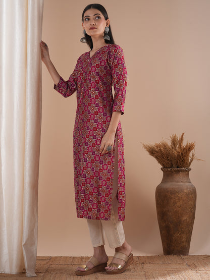 Floral Foil Printed & Embroidered Straight Fit Kurta - Pink