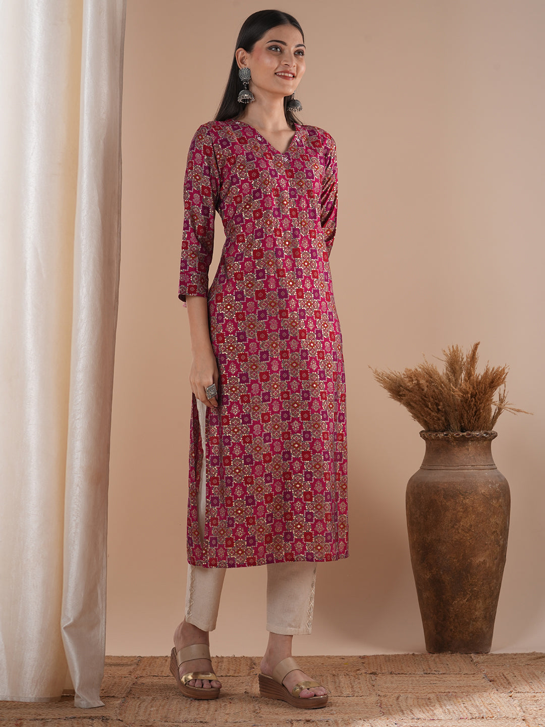 Floral Foil Printed & Embroidered Straight Fit Kurta - Pink