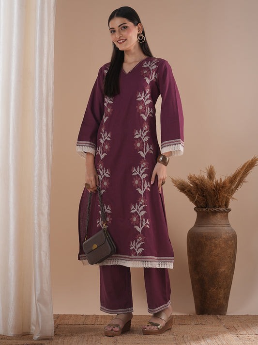 Solid Cross Stitch Embroidered A-Line Kurta with Palazzo - Maroon