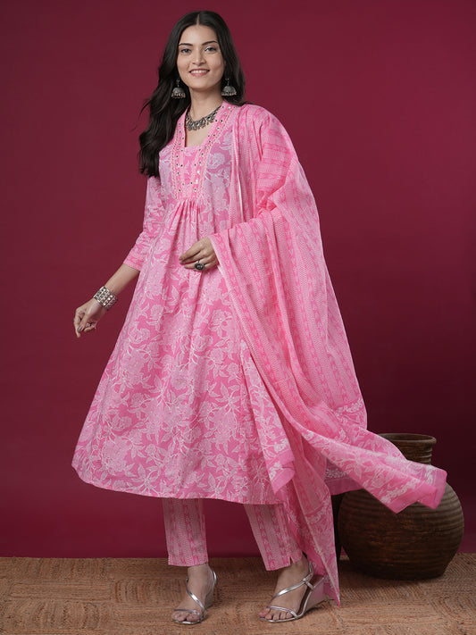 Ethnic Floral Printed A-Line Paneled Kurta with Pant and Dupatta - Pink
