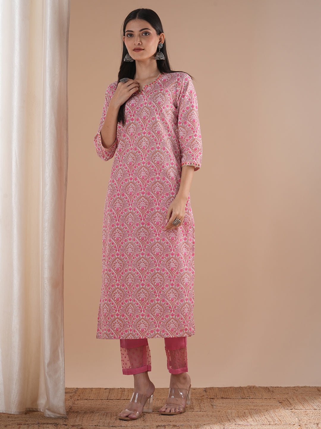 Ethnic & Printed & Embroidered Straight Fit Kurta - Pink