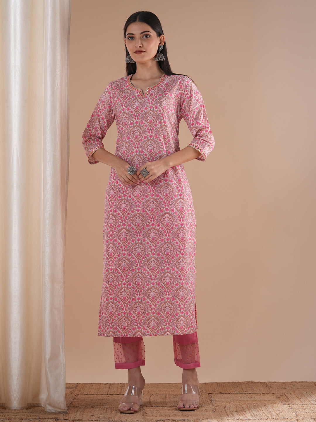 Ethnic & Printed & Embroidered Straight Fit Kurta - Pink