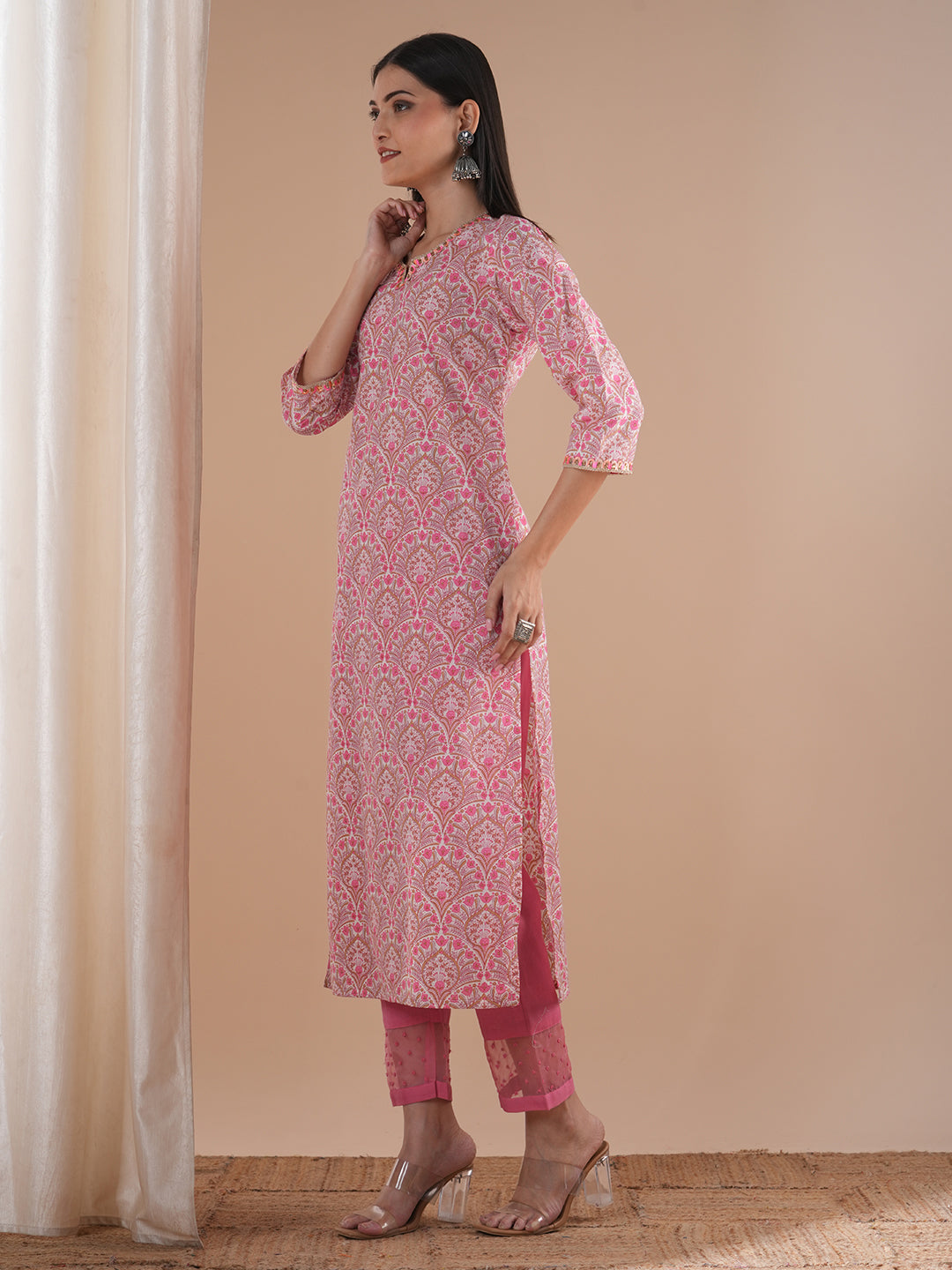 Ethnic & Printed & Embroidered Straight Fit Kurta - Pink