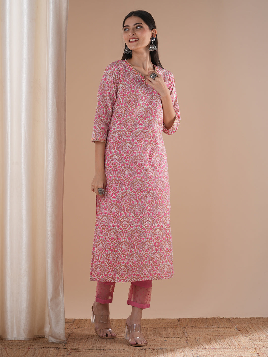 Ethnic & Printed & Embroidered Straight Fit Kurta - Pink