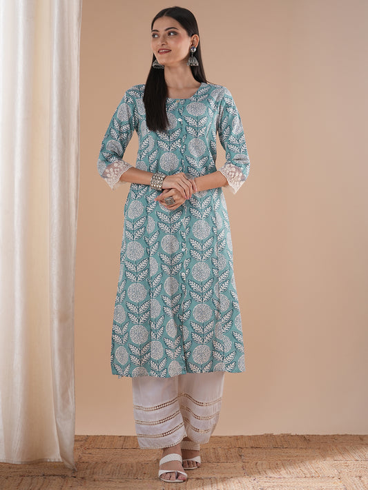 Abstract Floral Printed A-Line Paneled Kurta - Blue