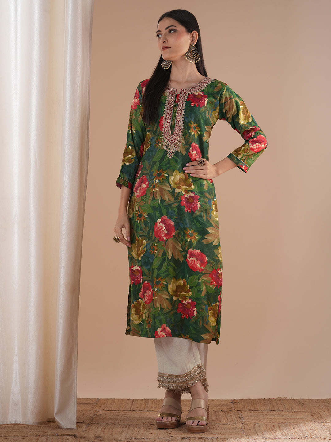 Ethnic Floral Printed & Embroidered Straight Fit Kurta - Green